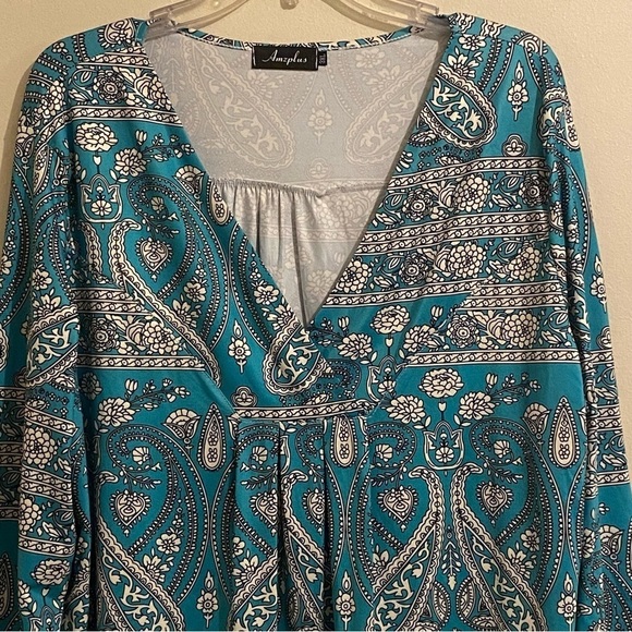 AMZPLUS Top Womens Plus 3XL Teal V-Neck Long Sleeve Blouse Stretch - Picture 2 of 11